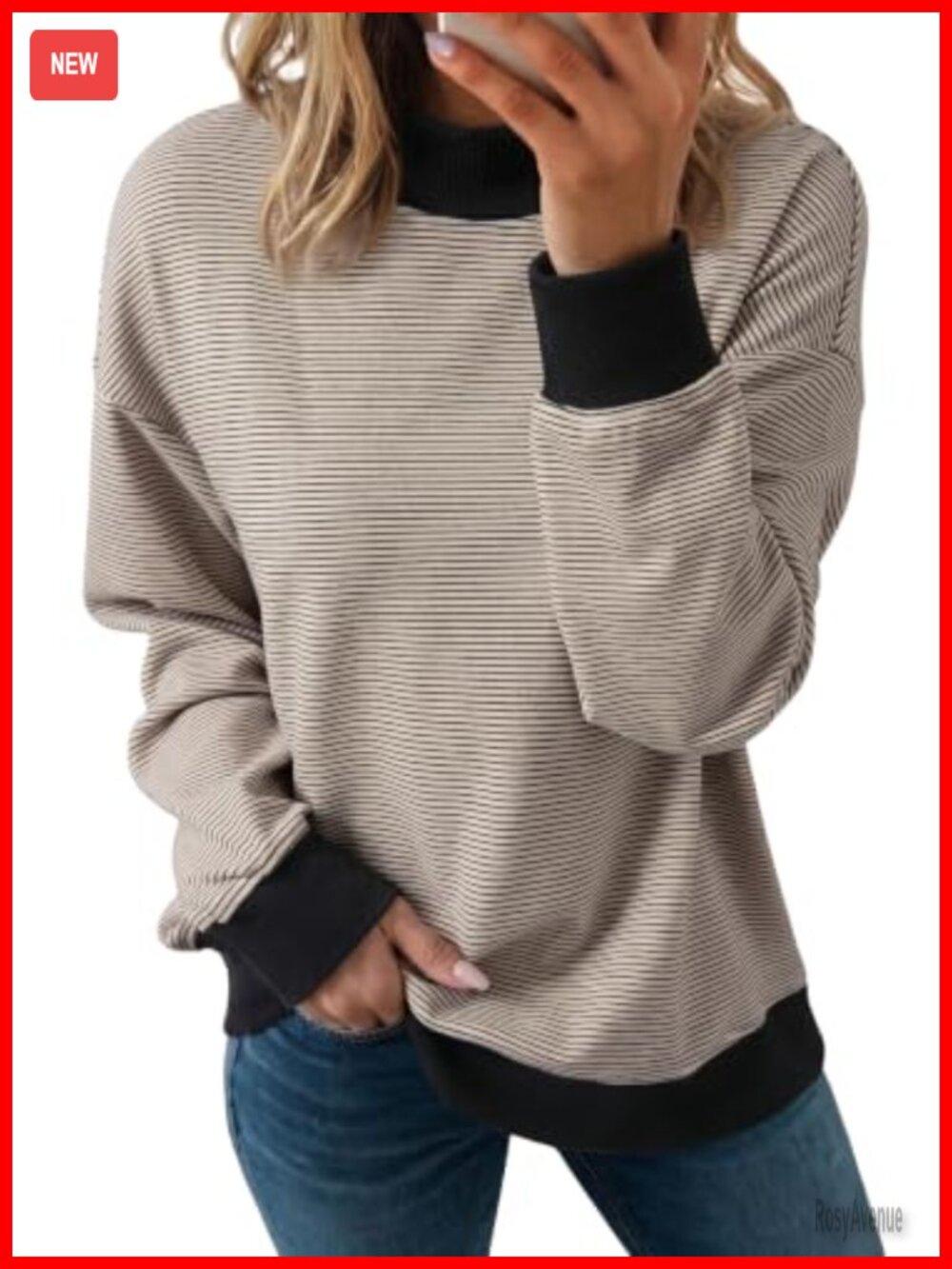 Striped Mock Neck Oversized Sweatshirt Womens Pullover Top